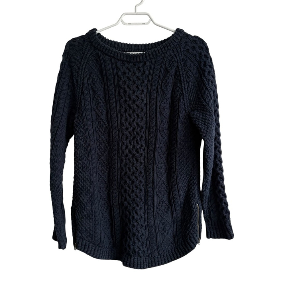 L.L Bean Women's Signature Cotton Fisherman Sweater Navy with Side Zips Sz Small